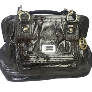 Elliott Lucca brown quilted patent leather satchel